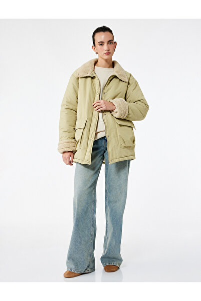 Koton Mock Neck Long Sleeve Zippered Pocket Plush Lined Anorak Coat