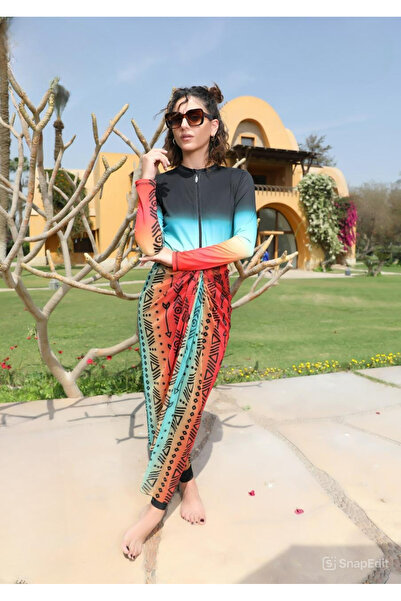 None A distinctive three-piece swimsuit that offers freedom of movement and elegance in appearance.