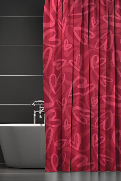 Moud's ستارة حمام، ستارة دش بنمط قلب أحمر وردي، ستارة حوض استحمام، مع حلقة هد...