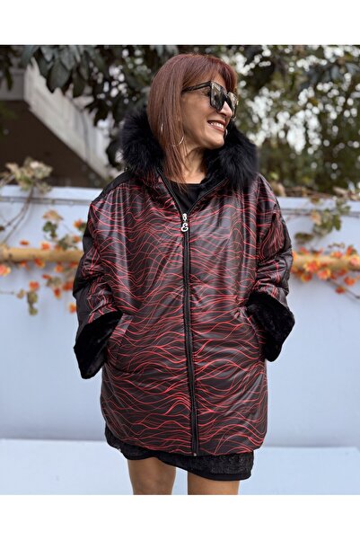 DenizEge Hooded Fur Striped Coat