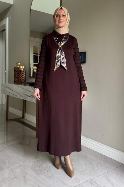 Rabia Şamlı Şölen Scarf Knitwear Dress Bitter Brown