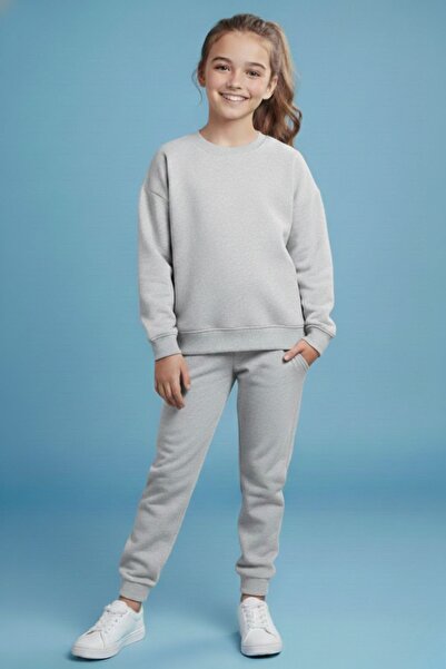 cm buseyiz Girl's Vibes Printed Crew Neck Tracksuit Set – Black & Grey