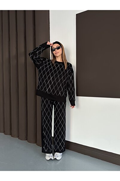 orjinal blue b Women's Casual Diamond Pattern Blouse Elastic Waist Pants Modal Set 3089 60283221