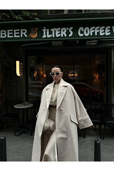 LUJJE Herringbone Pattern Ecru Long Cashmere Coat