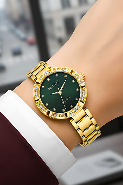 Ferrucci Steel Cord Stone Case Women Wrist Watch Gold Green Sdfer183