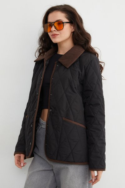 Fulla Moda Velvet Detail Polo Collar Quilted Jacket