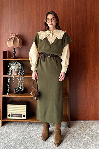 Ceylan Otantik Khaki Knitwear V-Neck Jile & Cream Ruffle Collar Crop Shirt Set