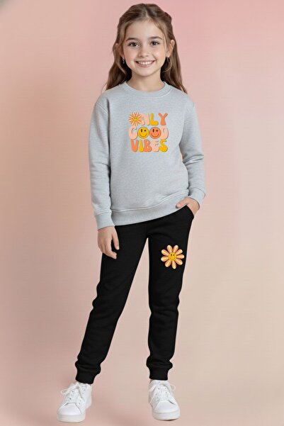 cm buseyiz Girl's Vibes Printed Crew Neck Tracksuit Set – Black & Grey