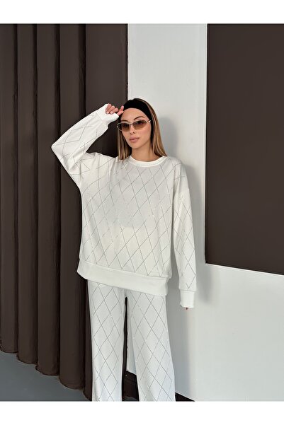 orjinal blue b Women's Casual Diamond Pattern Blouse Elastic Waist Pants Modal Set 3089 60283221