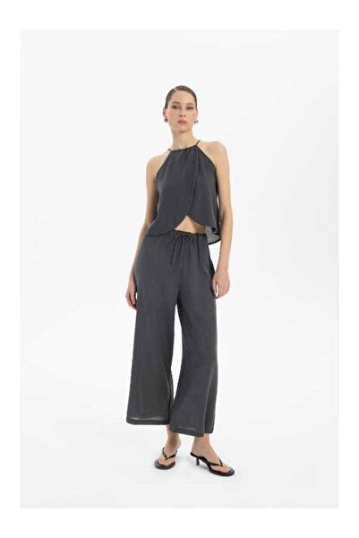 İpekçi Otantik بنطلون بالازو من مزيج الكتان بلون أنثراسايت