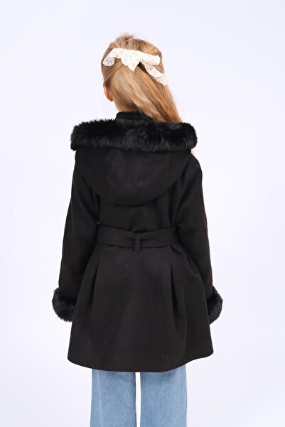 Perendi Παλτό για κορίτσια με γούνινη λεπτομέρεια με κουκούλα με ζώνη – Μαύρο