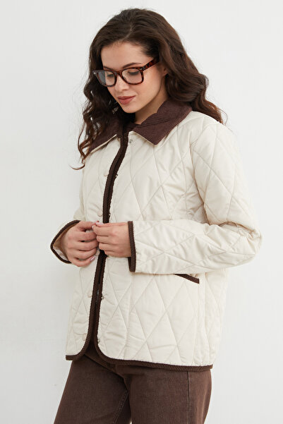 Fulla Moda Velvet Detailed Polo Collar Quilted Coat