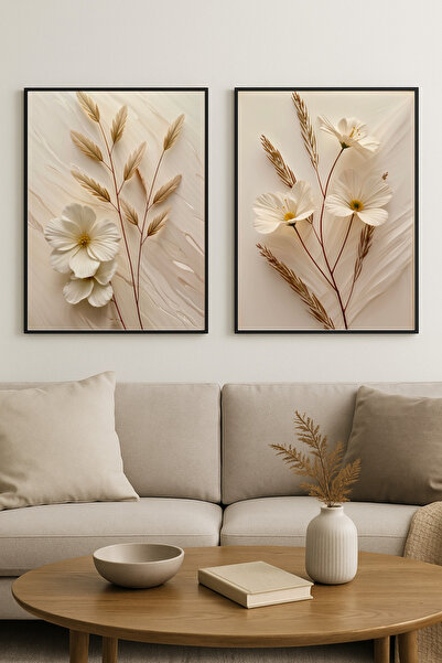 seninürünün Stillbloom - Gerçek Cama Baskılı Siyah Alüminyum Metal Çerçeveli 2'li Set Dekoratif Cam Tablo