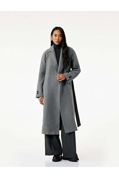Koton Long Sleeve Belted Pocketed Double-Breasted Long Cashmere Coat