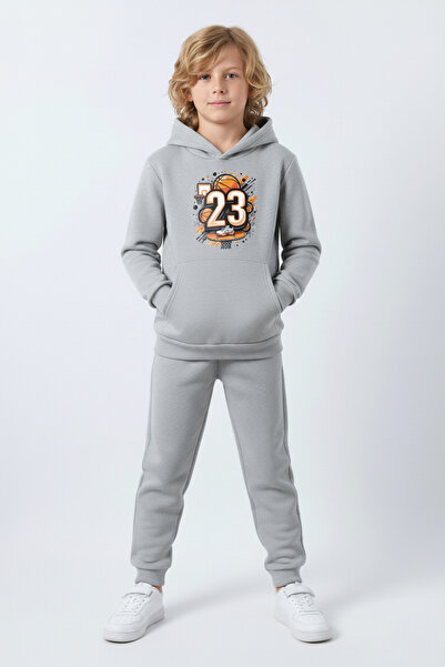 YA KO KİDS 3 İplik Ş Fleece-Lined Boys' Tracksuit Set with Kangaroo Pocket and Basketball Print Detail