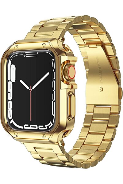 Generic Stainless Steel Band with TPU Case Compatible with Apple Watch 45/44/42mm, Gold