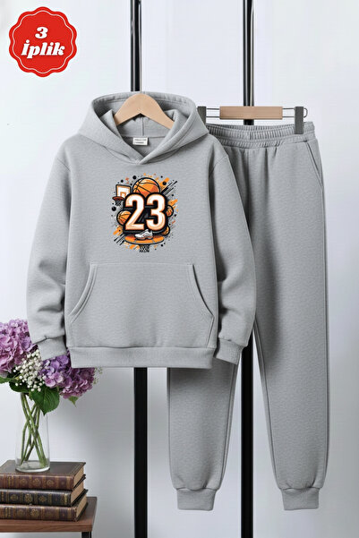 YA KO KİDS 3 İplik Ş Fleece-Lined Boys' Tracksuit Set with Kangaroo Pocket and Basketball Print Detail