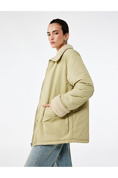 Koton Mock Neck Long Sleeve Zippered Pocket Plush Lined Anorak Coat