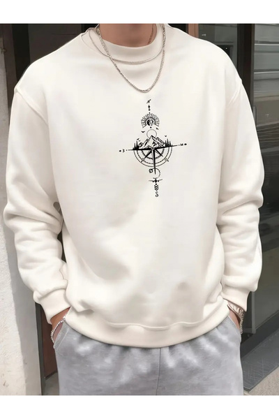 uyguntarz Unisex Directional Compass Design Printed Crew Neck Sweatshirt