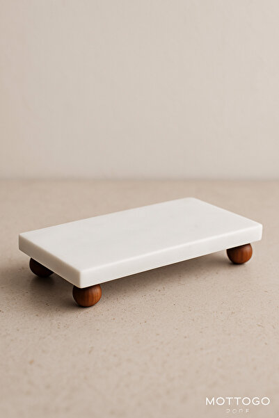 Mottogo Set of 2 Glass Soap Dispensers with Marble Stand and Acacia Lid - 500 ml