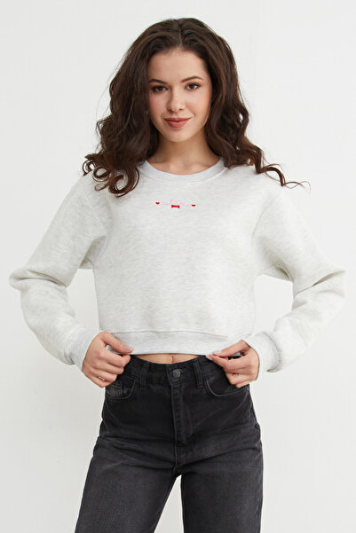 Fulla Moda 3 Thread Teddy Bear Embroidered Crop Sweatshirt