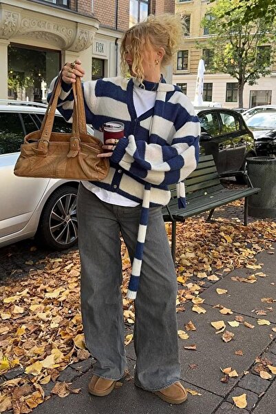 ELBA STİL Navy Blue Striped Scarf Women's Knitwear Cardigan