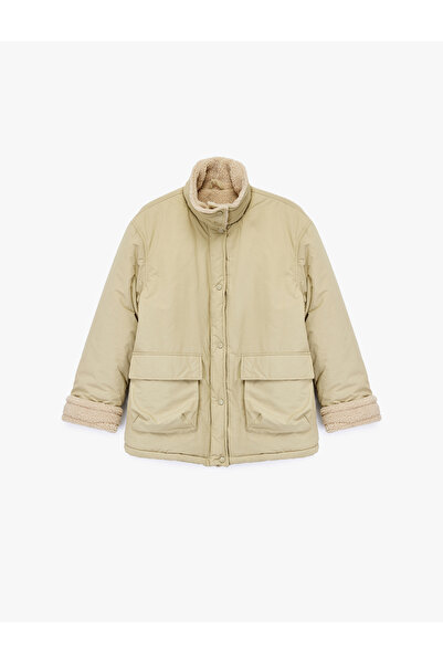 Koton Mock Neck Long Sleeve Zippered Pocket Plush Lined Anorak Coat