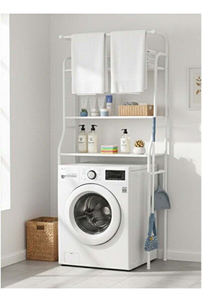 SUPPLIER رف تخزين ملابس بثلاث طبقات فوق الغسالة مع قضيب مناشف وخطافات، 160 سم
