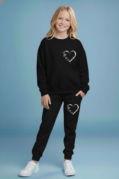 cm buseyiz Set de trening pentru fete Heart cu imprimeu guler rotund – Negru ...