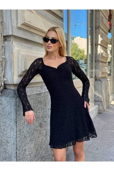 b buhari bykoc Rochie mini din dantelă cu mâneci lungi, decolteu în formă de ...