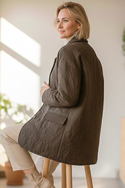 Chiccy Italian Brown Jacket Lapel Long Sleeve Buttoned Allover Embroidered Quilted O Oversized Woven Jacket 78 70