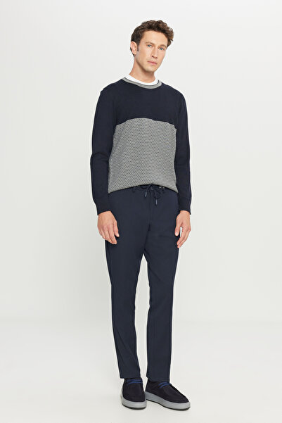 ALTINYILDIZ CLASSICS Men's Navy Blue Slim Fit Slim Fit Tie-Waist Casual Stretch Trousers with Side Pockets