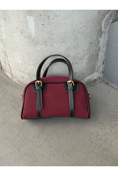 minebag Suede Leather Combination Double Belt Detailed Garne Women's Crossbody Bag Burgundy