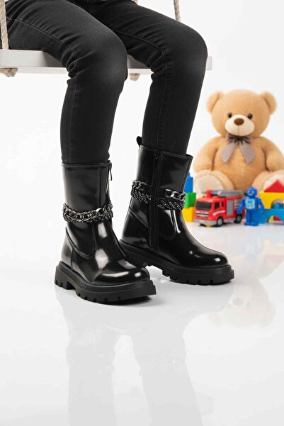 Cool Cizme pentru fete din piele neagră, cu interior din lână, anti-alunecare...