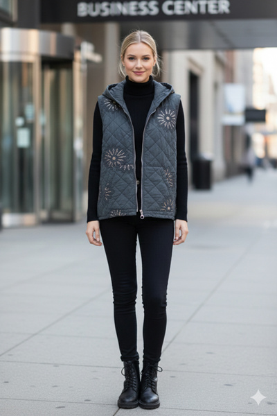 Chiccy Italian Anthracite K Hooded Sleeveless Zippered Kangaroo Pocket Sequined Quilted Woven Vest 67 62