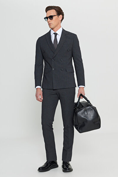 ALTINYILDIZ CLASSICS Men's Anthracite Slim Fit Slim Fit Swallow Collar Patterned Flexible Double-Breasted Suit with Flap Pocket