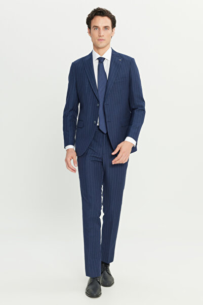 ALTINYILDIZ CLASSICS Men's Navy Blue Linen Slim Fit Slim Fit Swallow Collar Striped Flap Pocket Suit