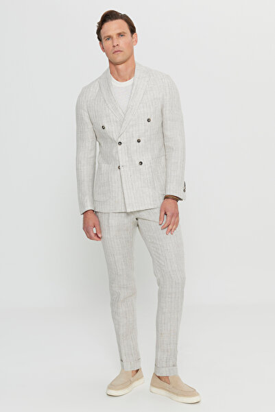 ALTINYILDIZ CLASSICS Men's Beige 100% Linen Slim Fit Slim Fit Swallow Collar Bag Pocket Double-Breasted Suit