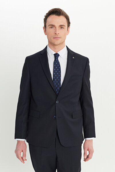 ALTINYILDIZ CLASSICS Men's Dark Navy Regular Fit Regular Cut Filafil Patterned Mono Collar Covered Pocket Suit
