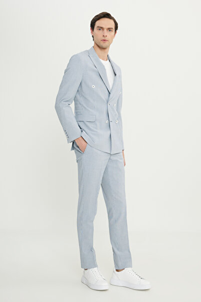 ALTINYILDIZ CLASSICS Men's Navy Blue-White Slim Fit Slim Fit Swallow Collar Striped Seersucker Pattern Double-Breasted Suit