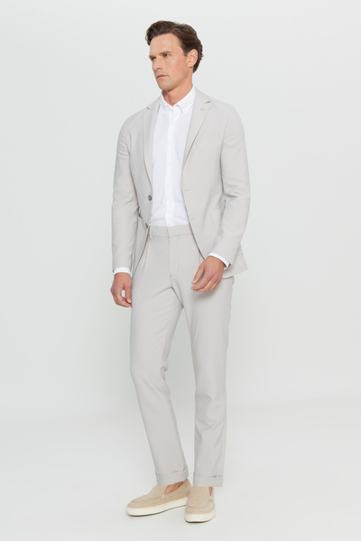 ALTINYILDIZ CLASSICS Men's Beige Slim Fit Slim Fit Mono Collar Bag Pocket Seersucker Patterned Stretch Suit