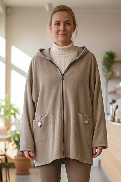 Chiccy Italian Beige K Hooded Long Sleeve Zippered Pocket Casual Velvet O Oversized Woven Jacket 0 0