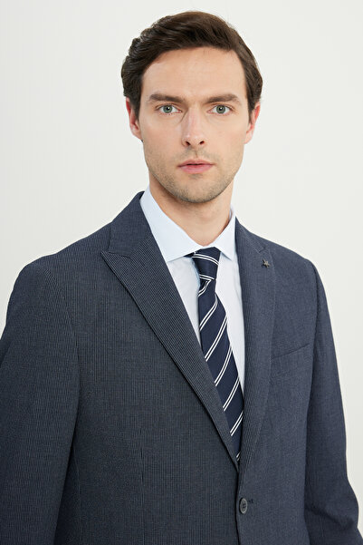 ALTINYILDIZ CLASSICS Men's Navy Blue Slim Fit Slim Fit Swallow Collar Striped Seersucker Patterned Suit with Flap Pockets