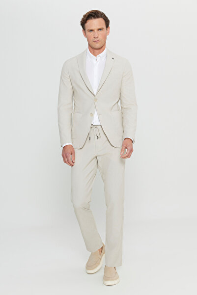 ALTINYILDIZ CLASSICS Men's Beige Cotton Slim Fit Slim Fit Swallow Collar Striped Seersucker Patterned Suit with Pocket Bag