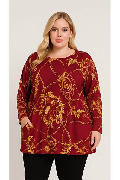 HÜLYA BUTİK Plus Size Women's Burgundy Patterned Pocket Knit Textured Blouse