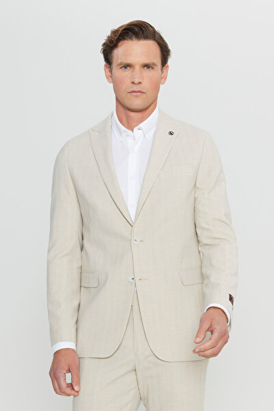 ALTINYILDIZ CLASSICS Men's Beige Wool Slim Fit Slim Fit Swallow Collar Plaid Seersucker Patterned Suit with Flap Pockets