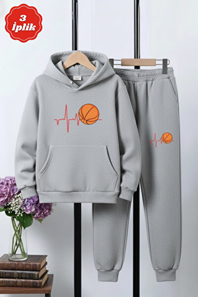 YA KO KİDS 3 İplik Ş Fleece-Lined Kangaroo Pocket Basketball Print Detailed K Hooded Boys' Tracksuit Set
