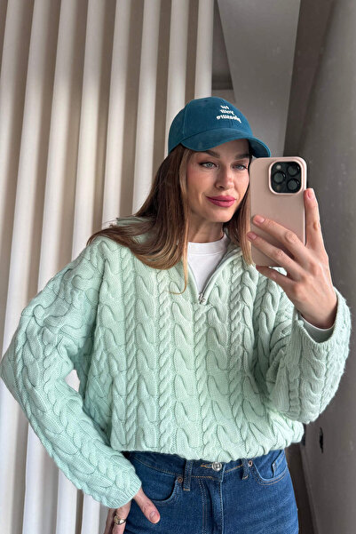 Sue Store Water Green Zippered Hair Knit Sweater