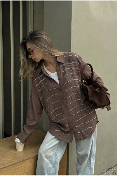 FEMELLE Καφέ πουκάμισο oversized με χάντρες (Ταιριάζει έως και μέγεθος 48)