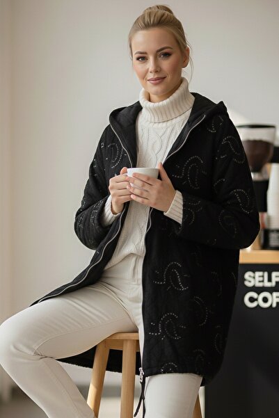 Chiccy Italian Black K Hooded Long Sleeve Zippered Sequined All-Over Embroidered Quilted Woven Jacket 75 65